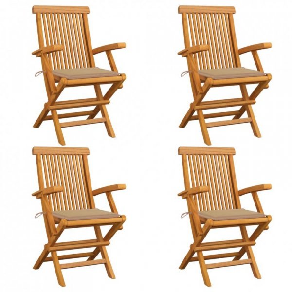 Krzesła ogrodowe z beżowymi poduszkami, 4 szt., drewno tekowe