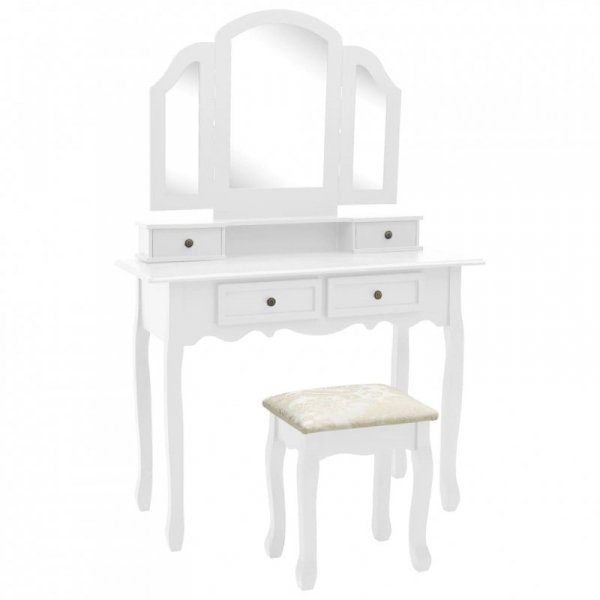 Toaletka ze stołkiem, biała, 100x40x146 cm, drewno paulowni