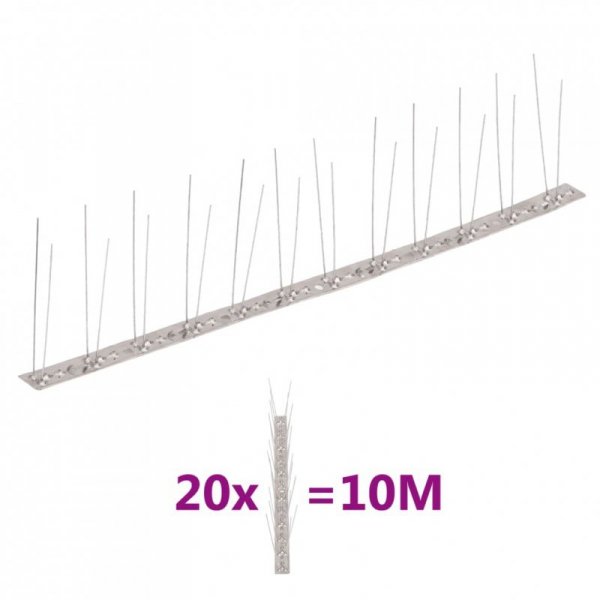 Kolce przeciw ptakom, 2 rzędy, stal nierdzewna, 20 szt., 10 m