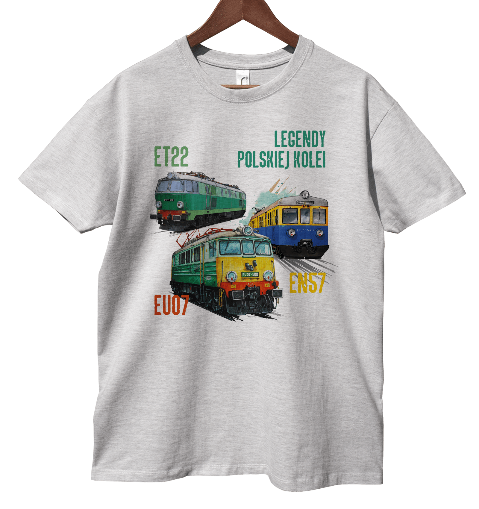 Koszulka dla fana pociągów (Kolor koszulki: jasnoszary melanż; Rozmiar: 5XL (męska); Rodzaj nadruku: KOLMIX)