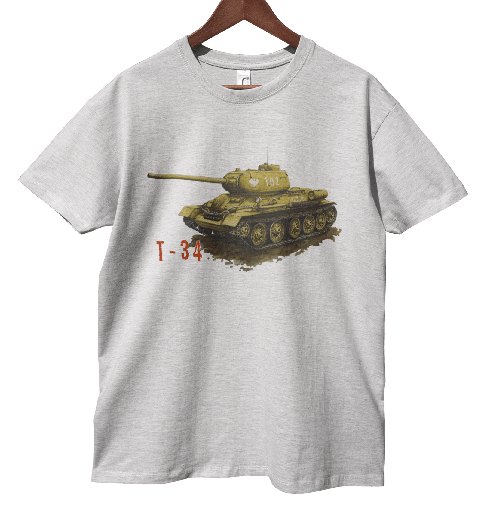T-34 — koszulka (Kolor koszulki: jasnoszary melanż; Rozmiar: XXL (męska); Rodzaj nadruku: T-34)