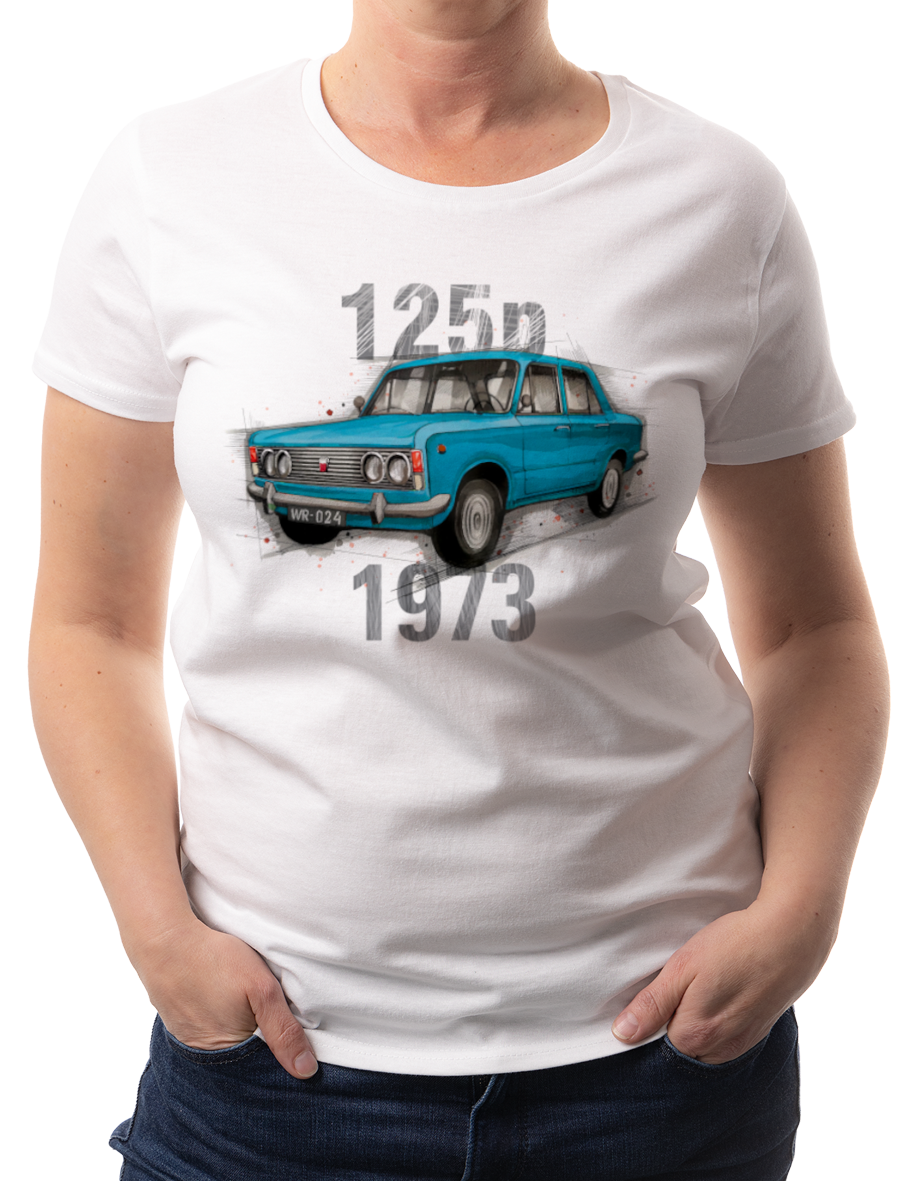 Fiat 125p — koszulka (Kolor koszulki: biały; Rozmiar: XL (damska); Rodzaj nadruku: Fiat 125p)