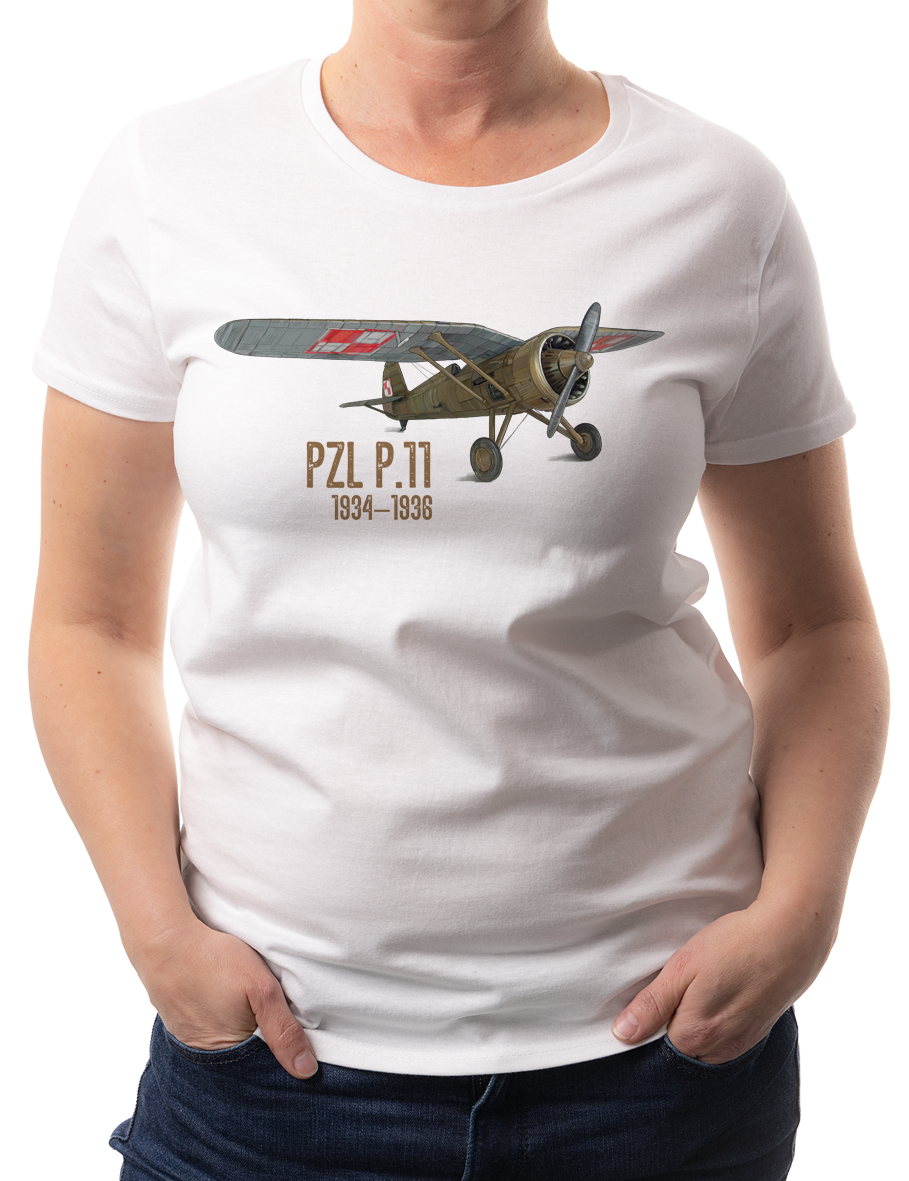 PZL P.11 — koszulka (Kolor koszulki: biały; Rozmiar: XL (damska); Rodzaj nadruku: PZL P.11)