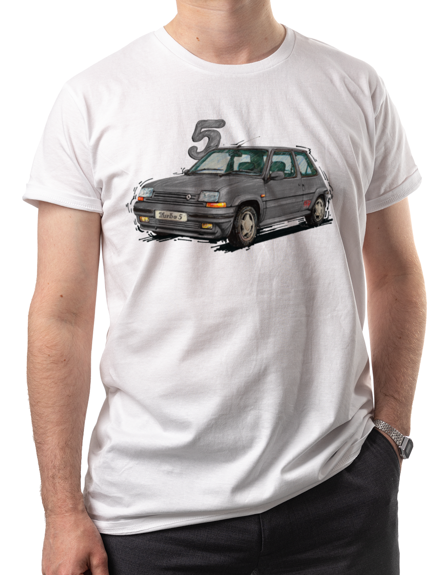 Renault 5 — koszulka (Kolor koszulki: biały; Rozmiar: XS (męska); Rodzaj nadruku: Renault 5)