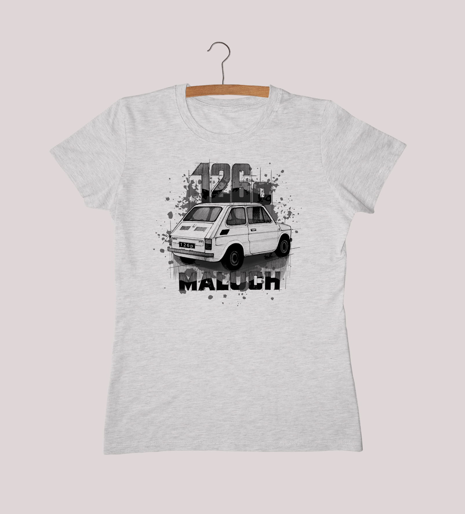 Mały Fiat — koszulka (Kolor koszulki: jasnoszary melanż; Rozmiar: 3XL (damska); Rodzaj nadruku: Mały Fiat)