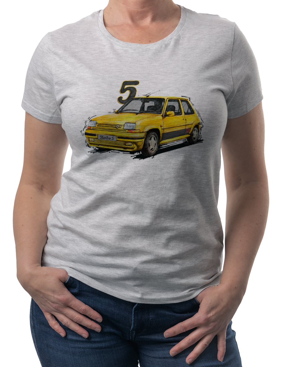 Renault 5 — koszulka (Kolor koszulki: jasnoszary melanż; Rozmiar: 3XL (damska); Rodzaj nadruku: Renault 5)