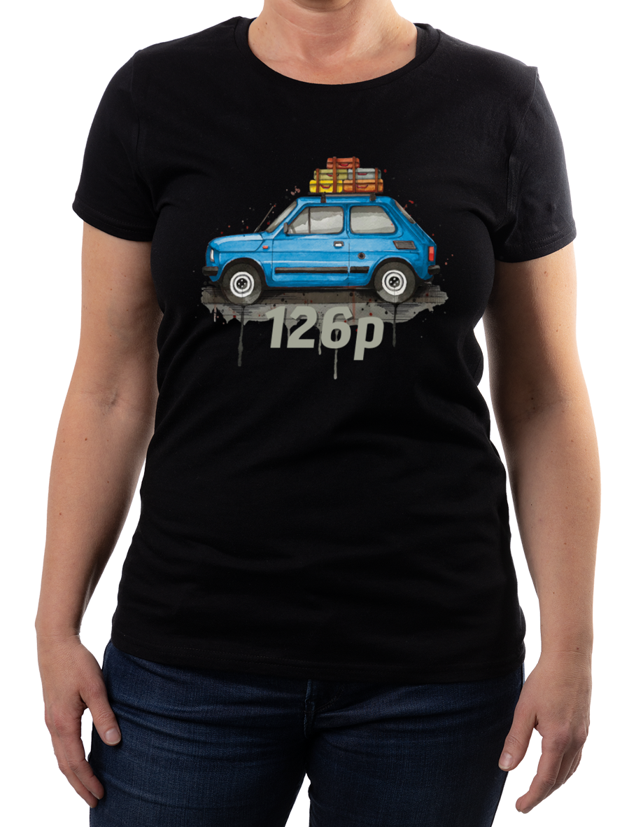 Fiat 126p — koszulka (Kolor koszulki: czarny; Rozmiar: S (damska); Rodzaj nadruku: Fiat 126p)