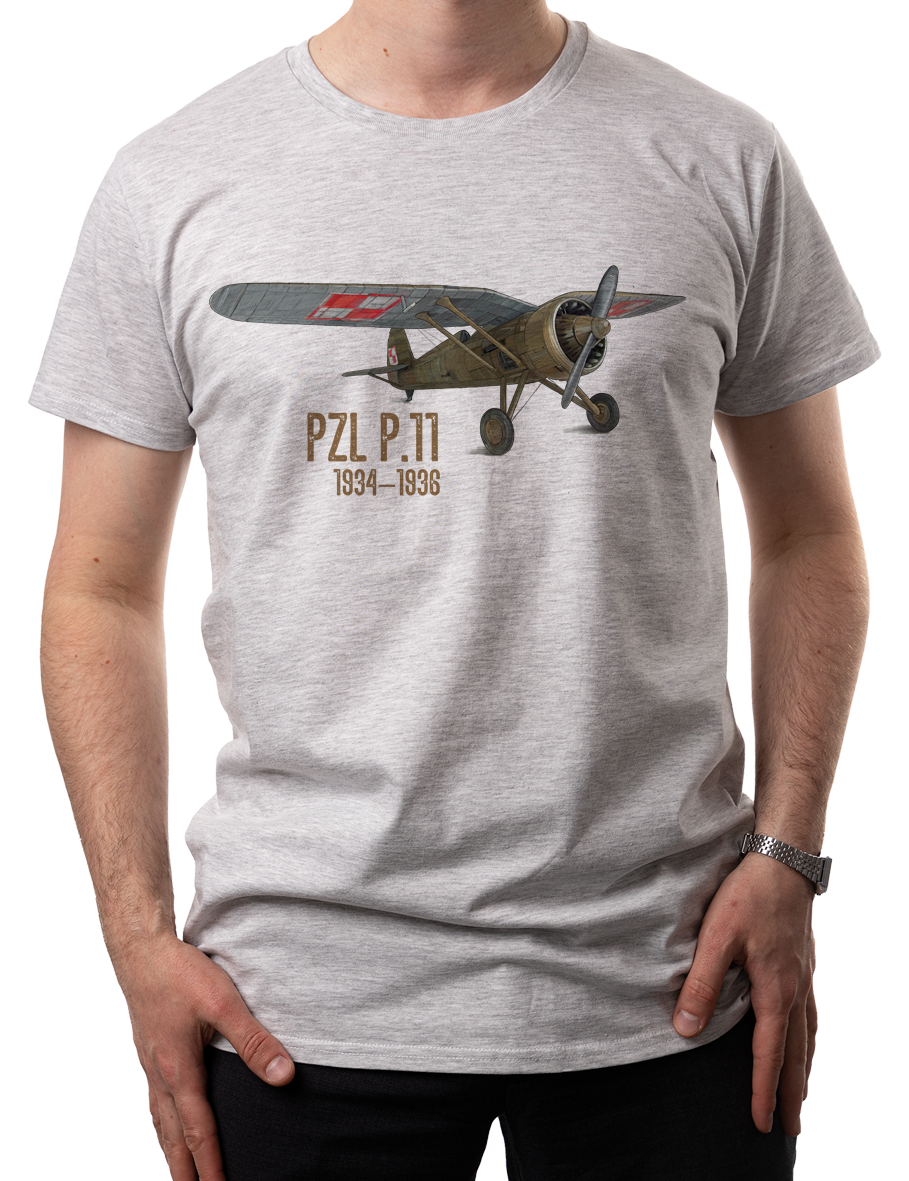 PZL P.11 — koszulka (Kolor koszulki: jasnoszary melanż; Rozmiar: XL (męska); Rodzaj nadruku: PZL P.11)