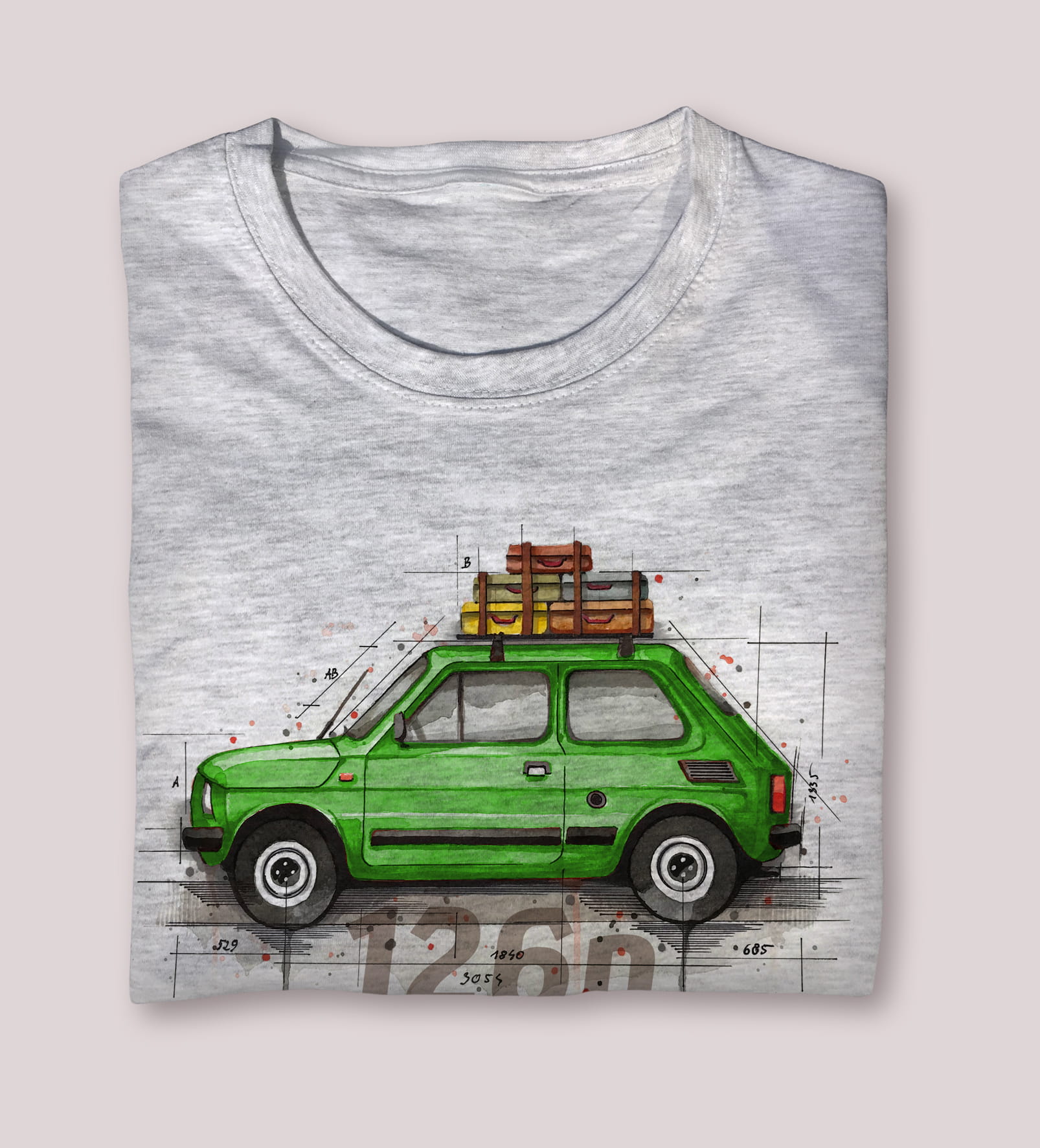 Fiat 126p — koszulka (Kolor koszulki: jasnoszary melanż; Rozmiar: 9 - 11 lat; Rodzaj nadruku: Fiat 126p)