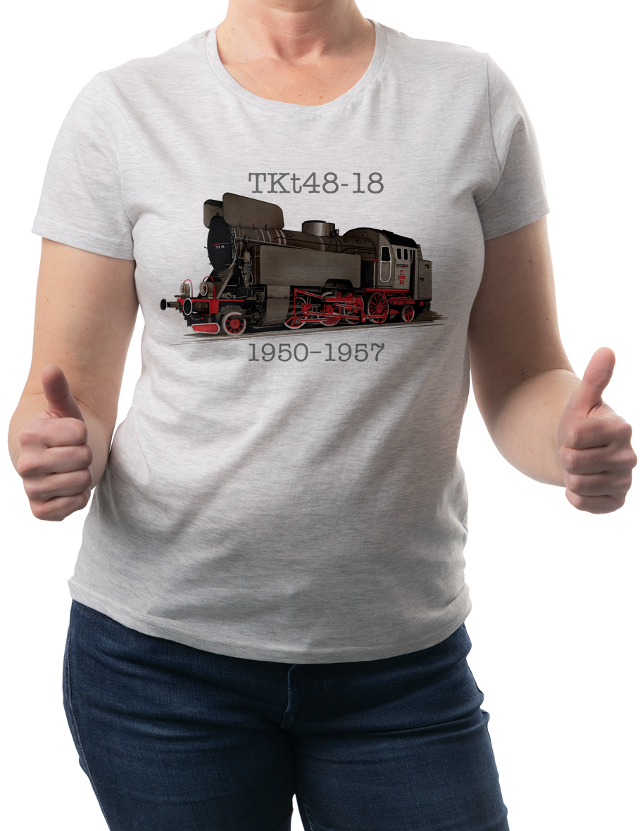 TKt48-18 — koszulka (Kolor koszulki: jasnoszary melanż; Rozmiar: L (damska); Rodzaj nadruku: Lokomotywa)