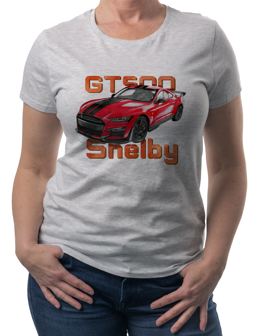 Ford Mustang Shelby — koszulka (Kolor koszulki: jasnoszary melanż; Rozmiar: M (damska); Rodzaj nadruku: Ford Mustang Shelby)