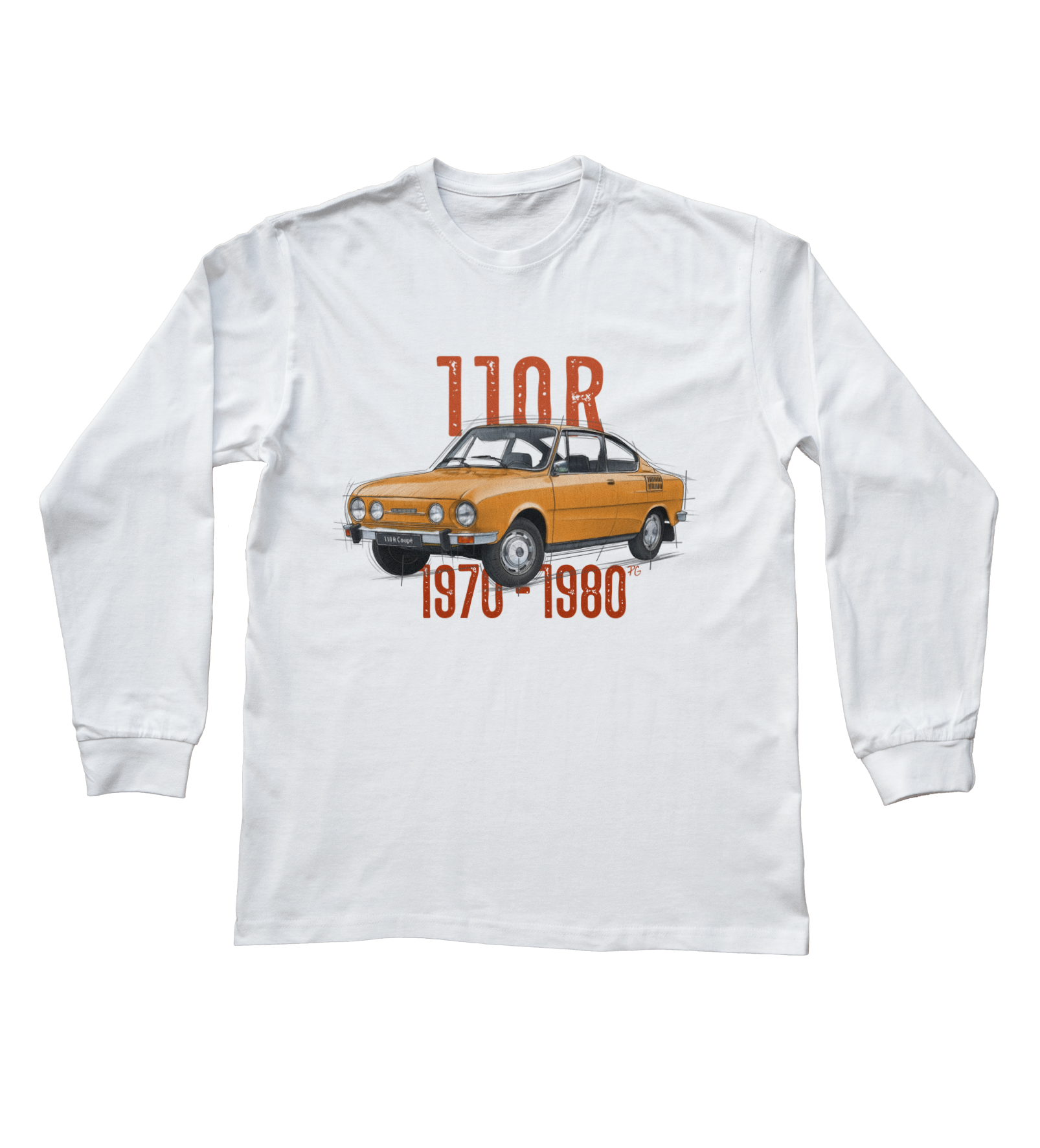 Škoda 110 R — bluzka z długim rękawem (Rozmiar: XL (dorosła); Kolor koszulki: biały; Rodzaj nadruku: Škoda 110 R)