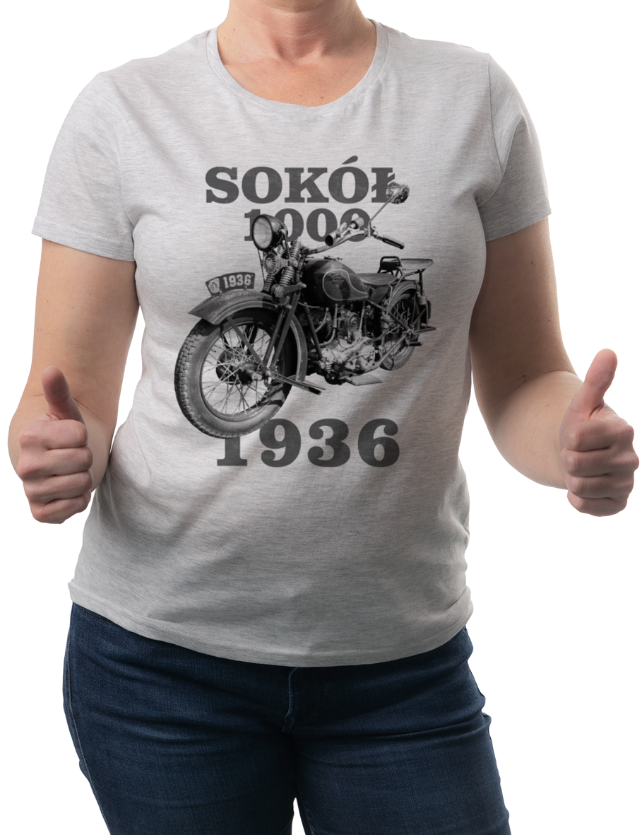 Sokół — koszulka (Kolor koszulki: jasnoszary melanż; Rozmiar: L (damska); Rodzaj nadruku: Sokół)