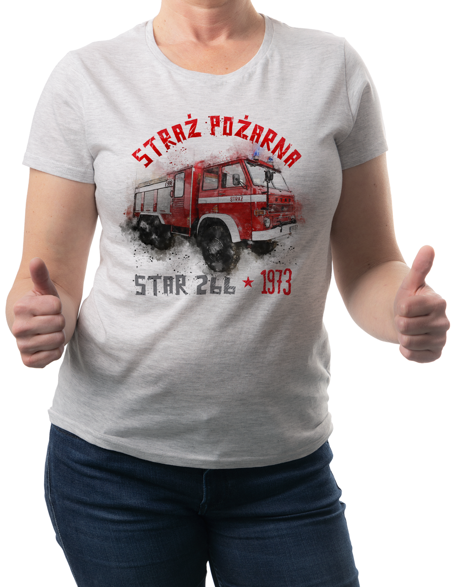 Straż Pożarna — koszulka (Kolor koszulki: jasnoszary melanż; Rozmiar: 3XL (damska); Rodzaj nadruku: Straż Pożarna)