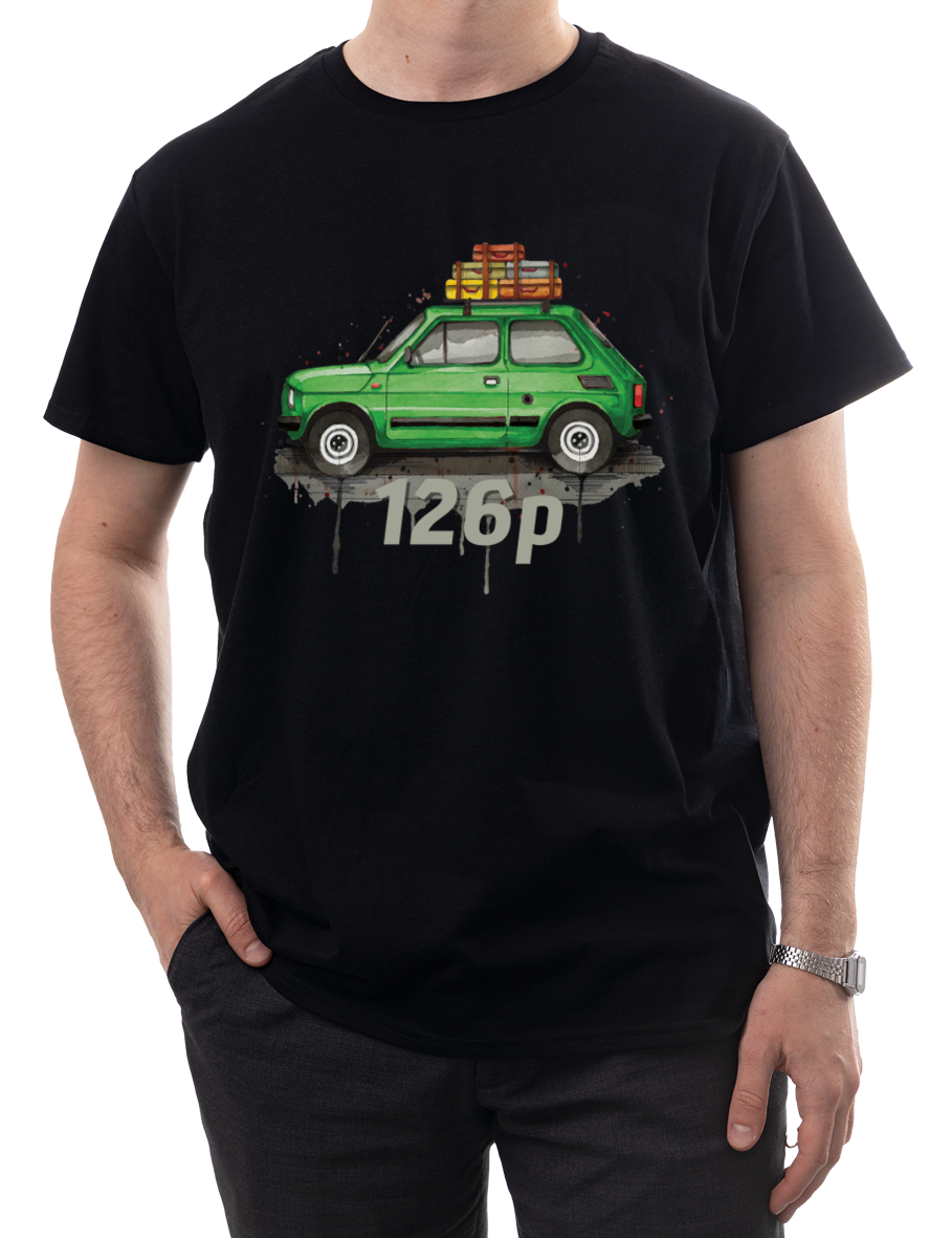 Fiat 126p — koszulka (Kolor koszulki: czarny; Rozmiar: 4XL (męska); Rodzaj nadruku: Fiat 126p)