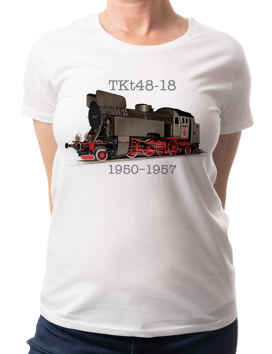 TKt48-18 — koszulka (Kolor koszulki: biały; Rozmiar: XXL (damska); Rodzaj nadruku: Lokomotywa)