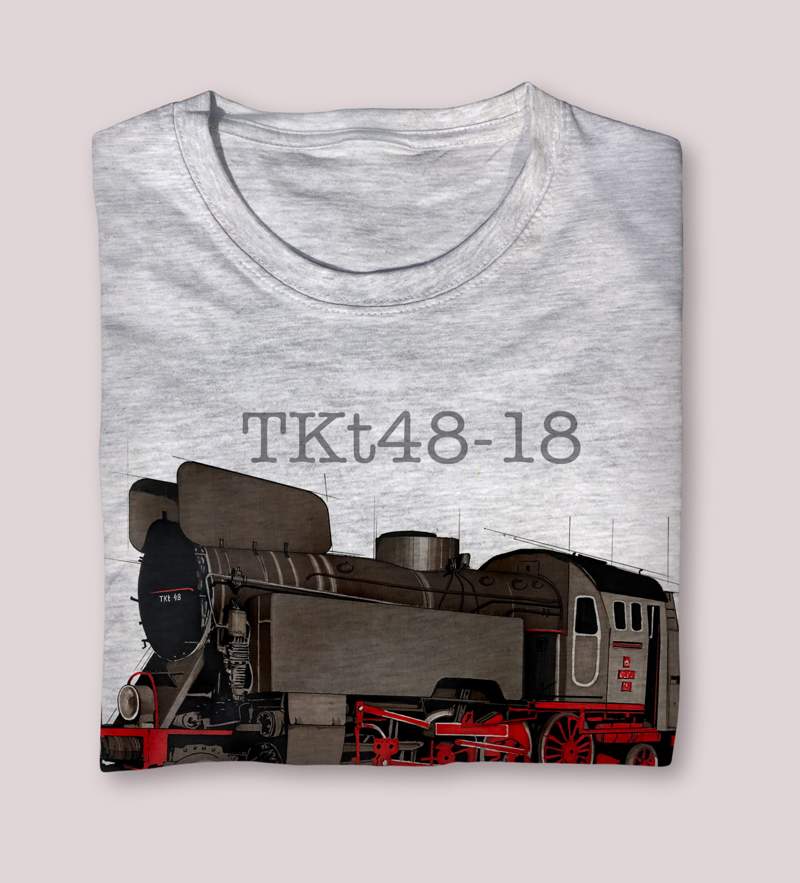 TKt48-18 — koszulka (Kolor koszulki: jasnoszary melanż; Rozmiar: 3 - 4 lata; Rodzaj nadruku: Lokomotywa)