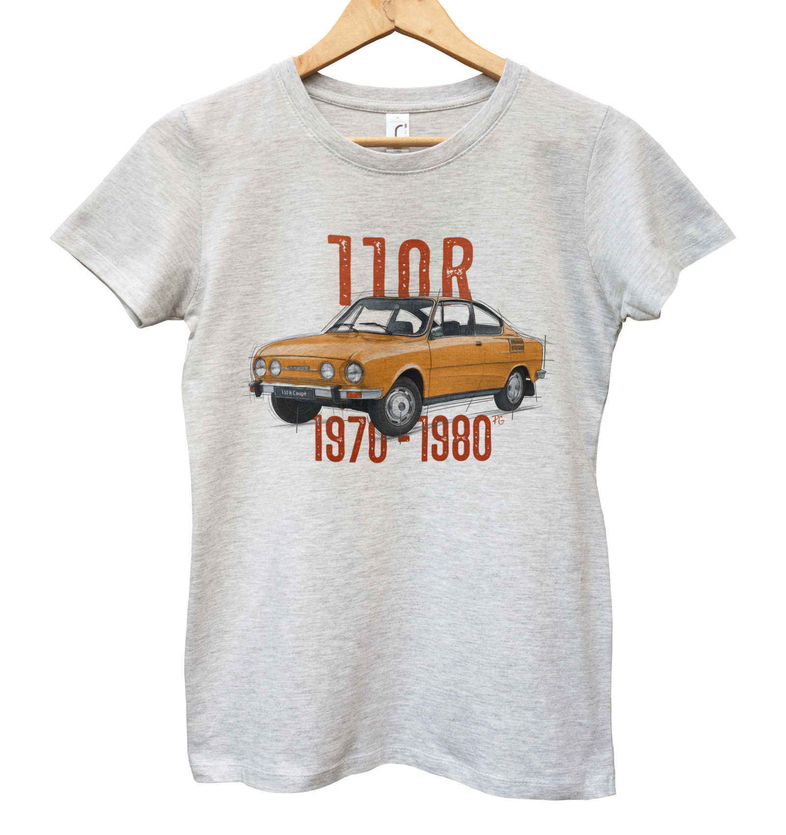 Škoda 110 R — koszulka (Kolor koszulki: jasnoszary melanż; Rozmiar: L (damska); Rodzaj nadruku: Škoda 110 R)