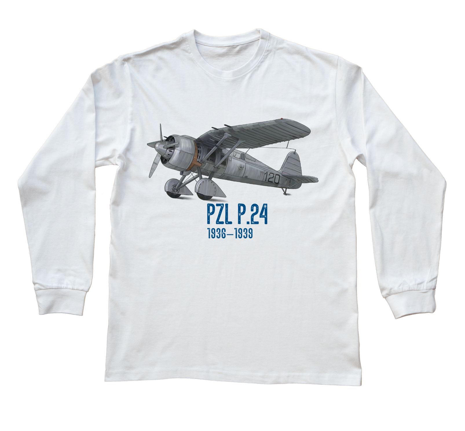PZL P.24 — bluzka z długim rękawem (Rozmiar: 3XL (dorosła); Kolor koszulki: biały; Rodzaj nadruku: PZL P.24)