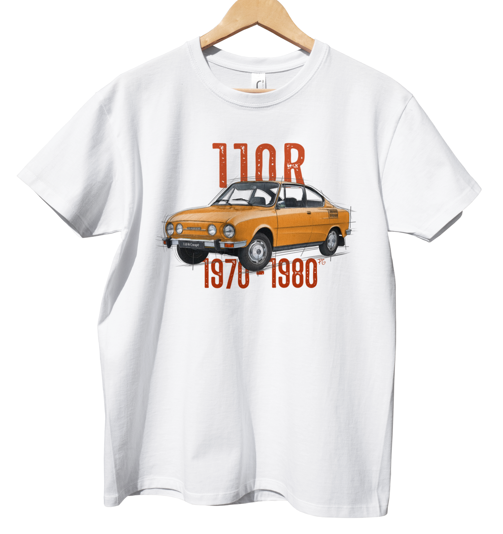 Škoda 110 R — koszulka (Kolor koszulki: biały; Rozmiar: XS (męska); Rodzaj nadruku: Škoda 110 R)