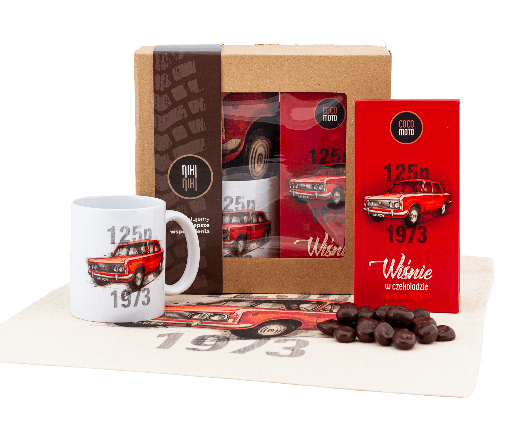 Fiat 125p — paczka (Zawartość paczki: koszulka - torba - kubek - słodycze; Rozmiar koszulki / bluzy: 7 - 8 lat; Kolor koszulki / bluzy: jasnoszary mel