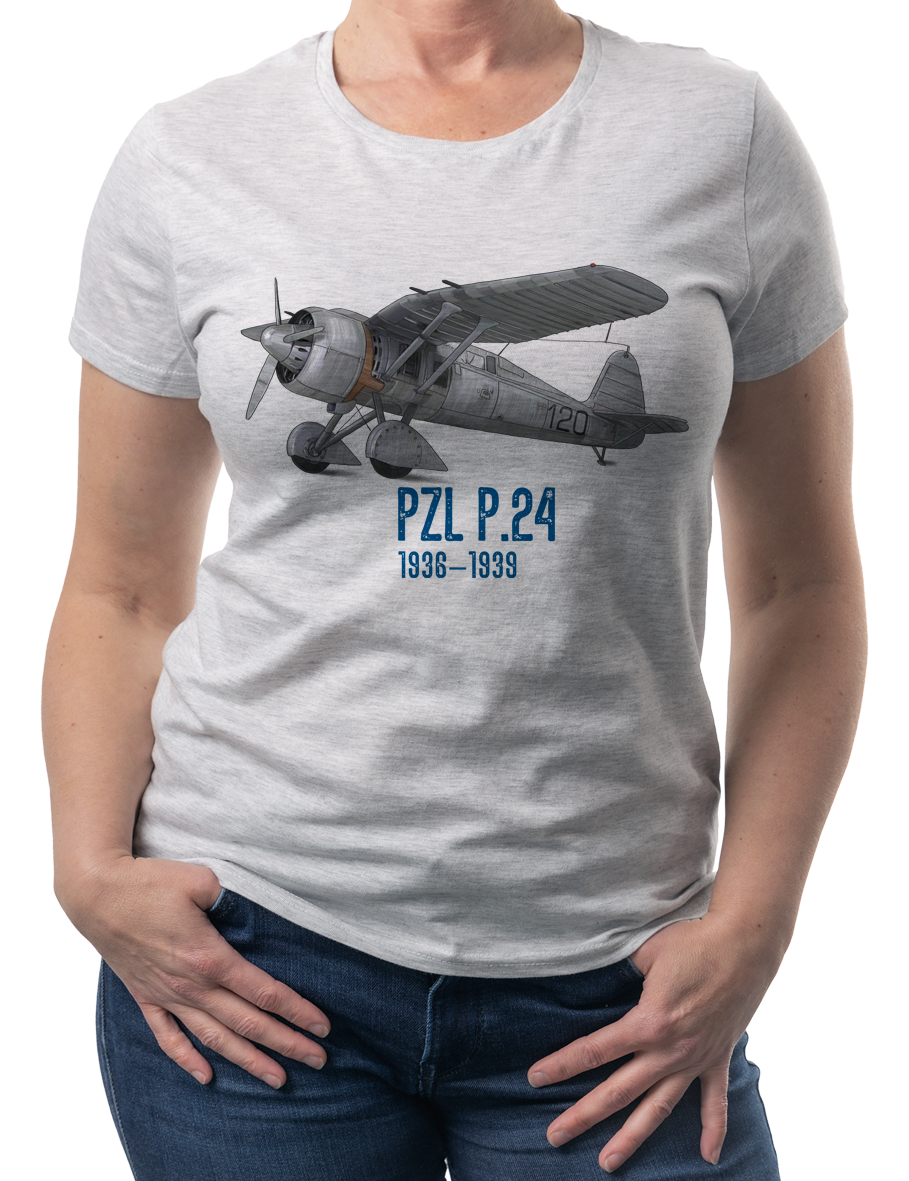 PZL P.24 — koszulka (Kolor koszulki: jasnoszary melanż; Rozmiar: 3XL (damska); Rodzaj nadruku: PZL P.24)