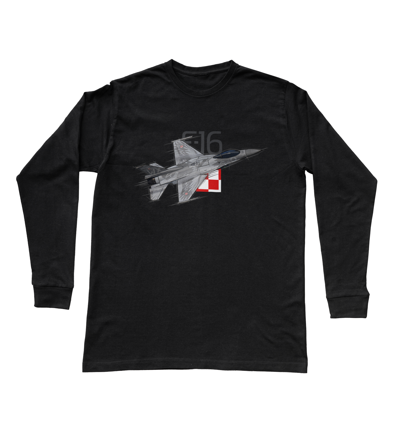 F-16 — bluzka z długim rękawem (Rozmiar: XXL (dorosła); Kolor koszulki: czarny; Rodzaj nadruku: F-16)