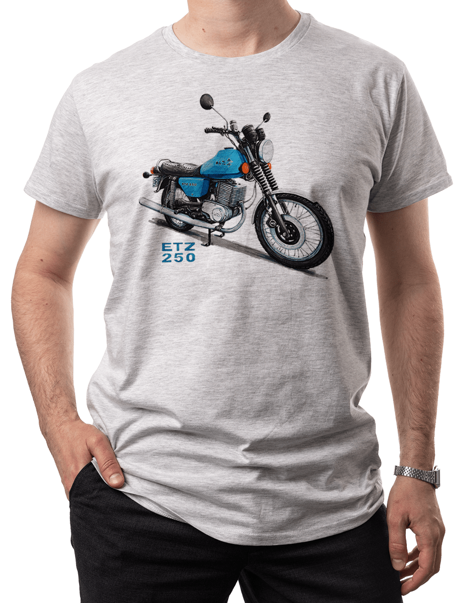 MZ ETZ 250 — koszulka (Kolor koszulki: jasnoszary melanż; Rozmiar: 3XL (męska); Rodzaj nadruku: MZ ETZ 250)