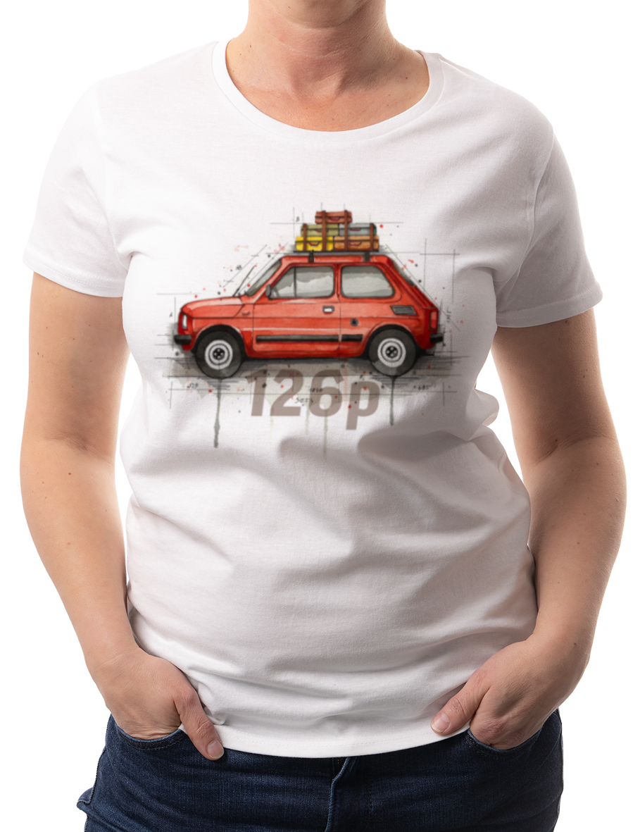 Fiat 126p — koszulka (Kolor koszulki: biały; Rozmiar: L (damska); Rodzaj nadruku: Fiat 126p)