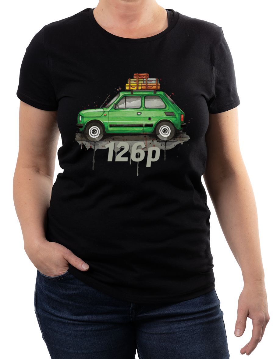 Fiat 126p — koszulka (Kolor koszulki: czarny; Rozmiar: XXL (damska); Rodzaj nadruku: Fiat 126p)