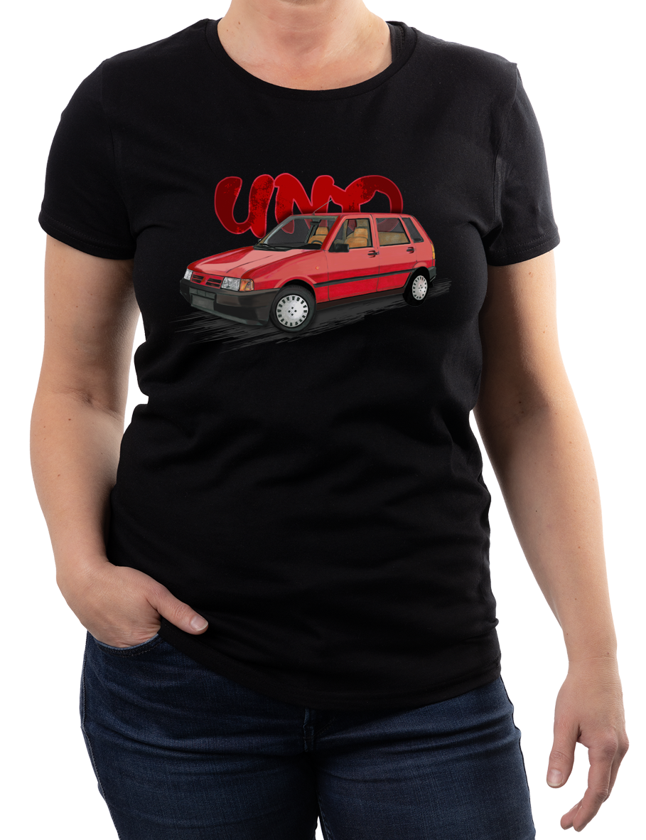 Fiat Uno — koszulka (Kolor koszulki: czarny; Rozmiar: L (damska); Rodzaj nadruku: Fiat Uno)