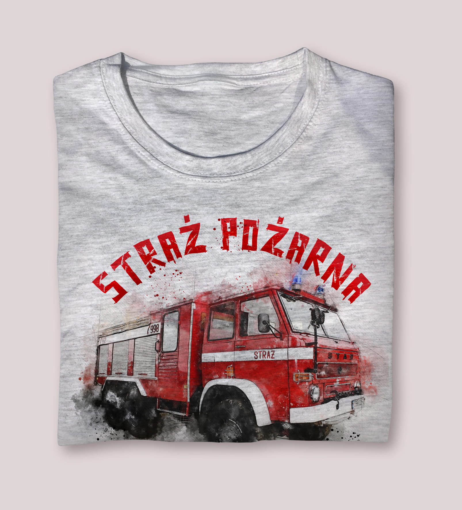 Straż Pożarna — koszulka (Kolor koszulki: jasnoszary melanż; Rozmiar: 12 - 14 lat; Rodzaj nadruku: Straż Pożarna)