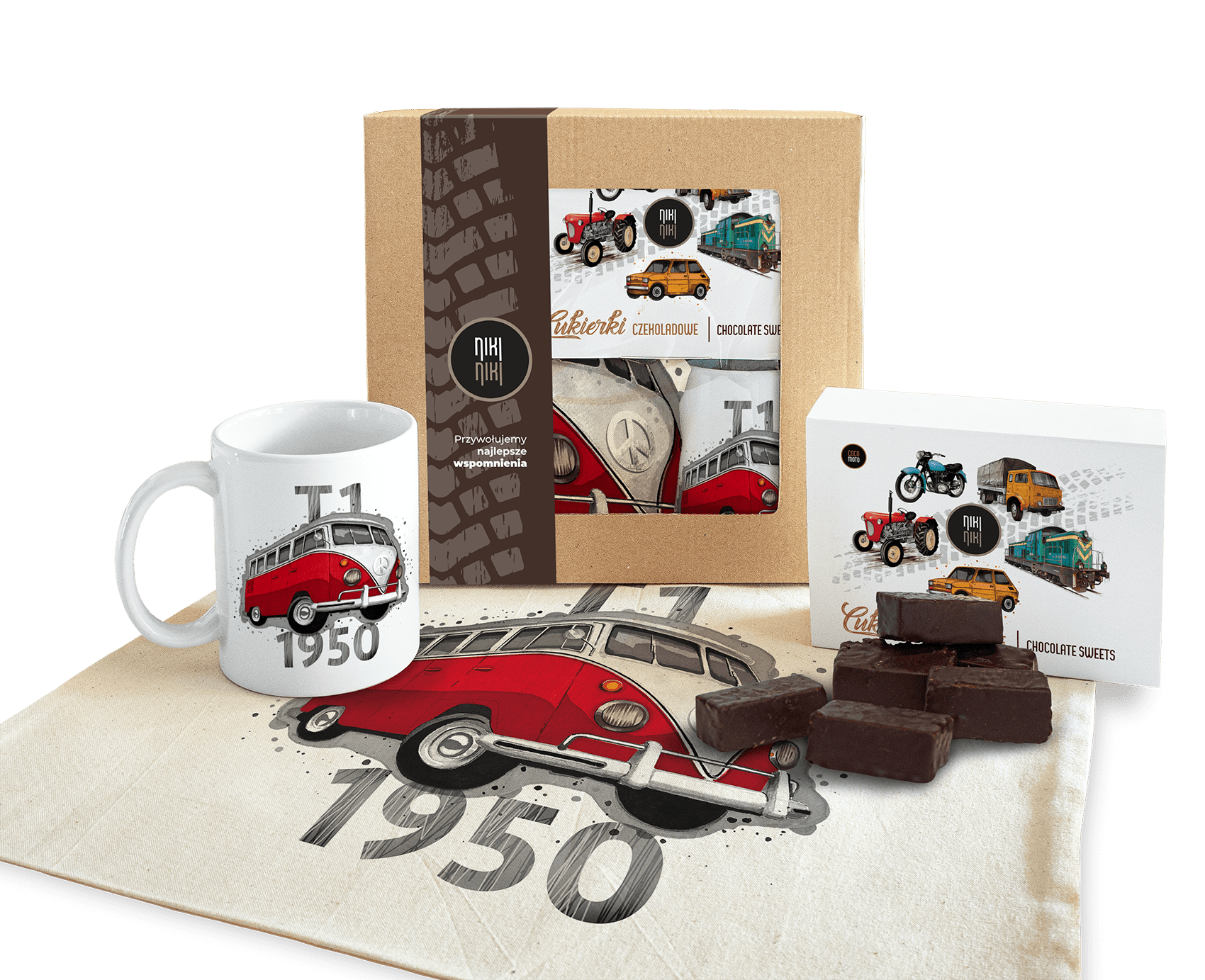 VW T1 — paczka (Zawartość paczki: koszulka - torba - kubek - słodycze; Rozmiar koszulki / bluzy: 4XL (męska); Kolor koszulki / bluzy: jasnoszary melan