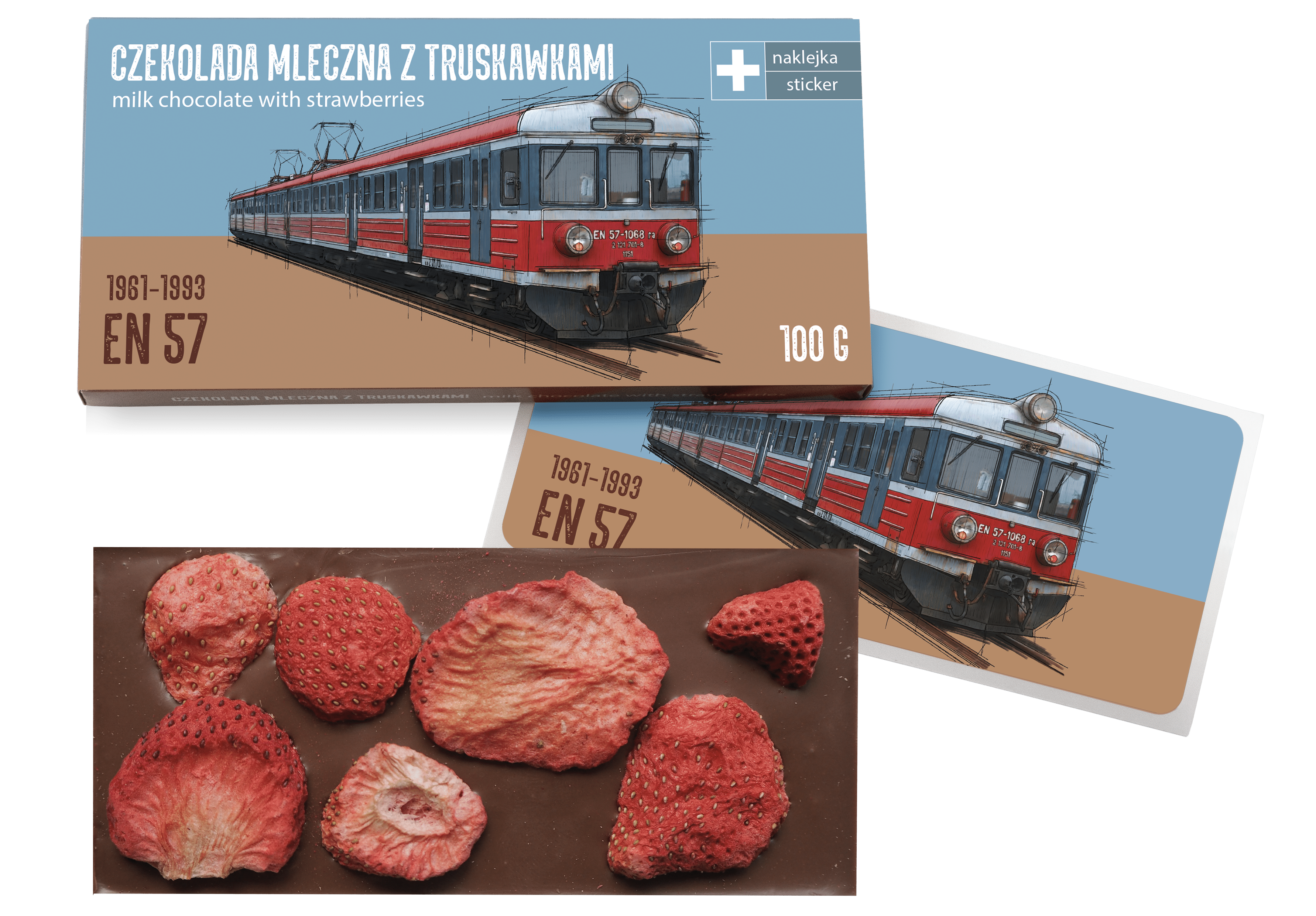EN57 Regio — czekolada mleczna z truskawkami z naklejką& CocoMoto