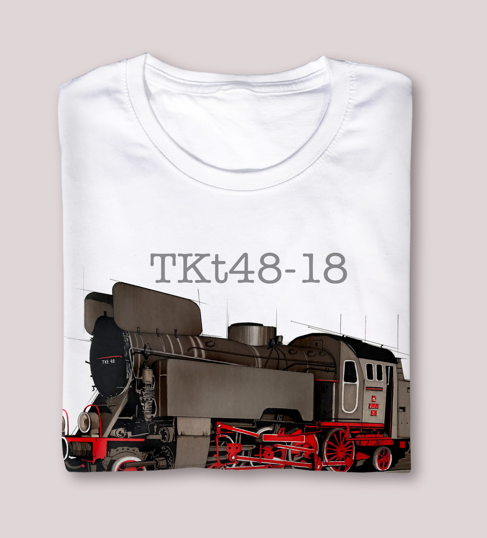 TKt48-18 — koszulka (Kolor koszulki: biały; Rozmiar: 5 - 6 lat; Rodzaj nadruku: Lokomotywa)