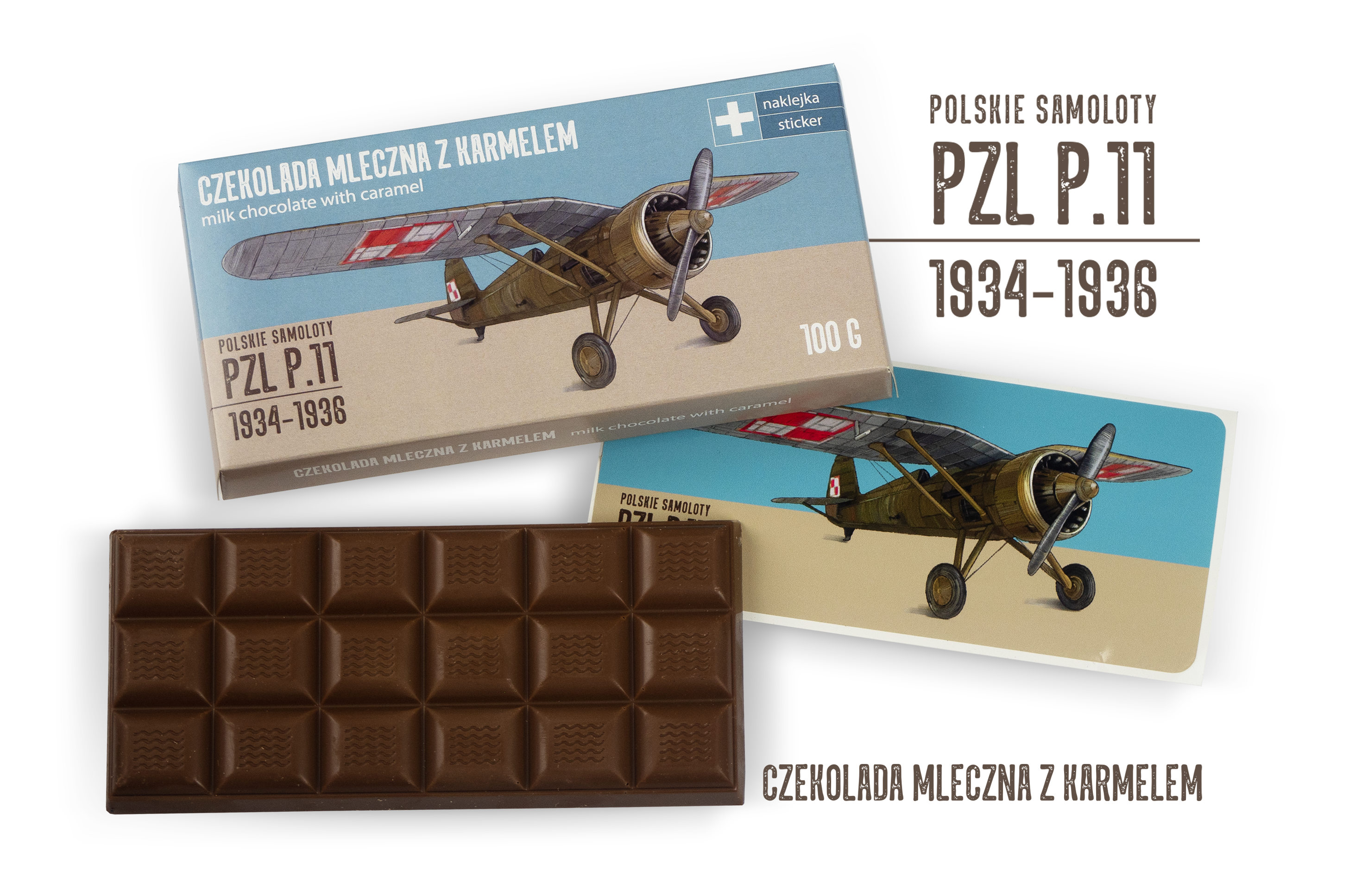 PZL P.11 — czekolada mleczna z karmelem z naklejką& CocoMoto