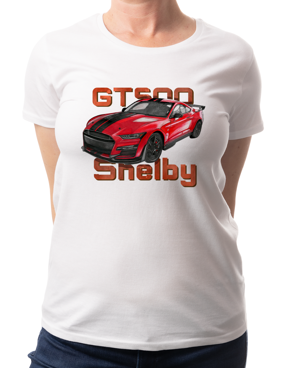 Ford Mustang Shelby — koszulka (Kolor koszulki: biały; Rozmiar: M (damska); Rodzaj nadruku: Ford Mustang Shelby)
