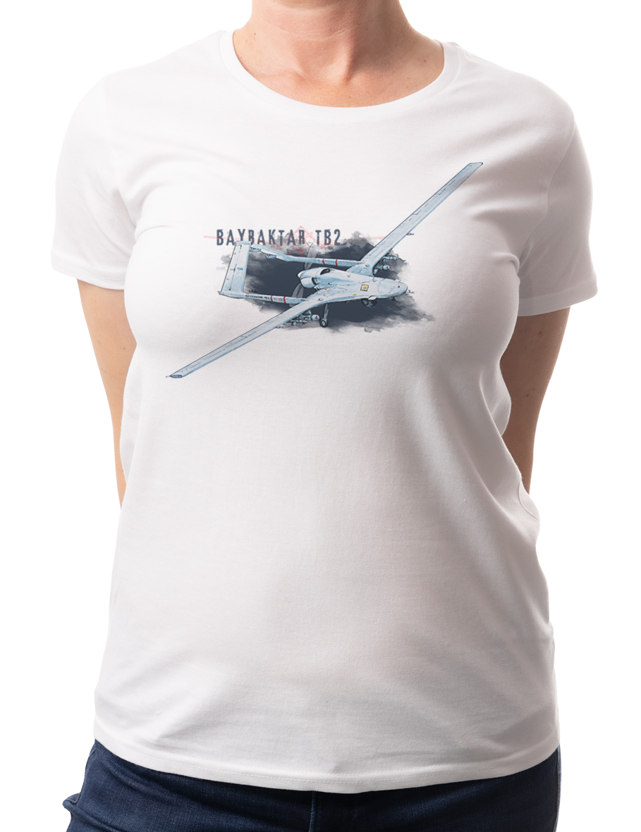 Bayraktar — koszulka (Kolor koszulki: biały; Rozmiar: L (damska); Rodzaj nadruku: Bayraktar TB2)