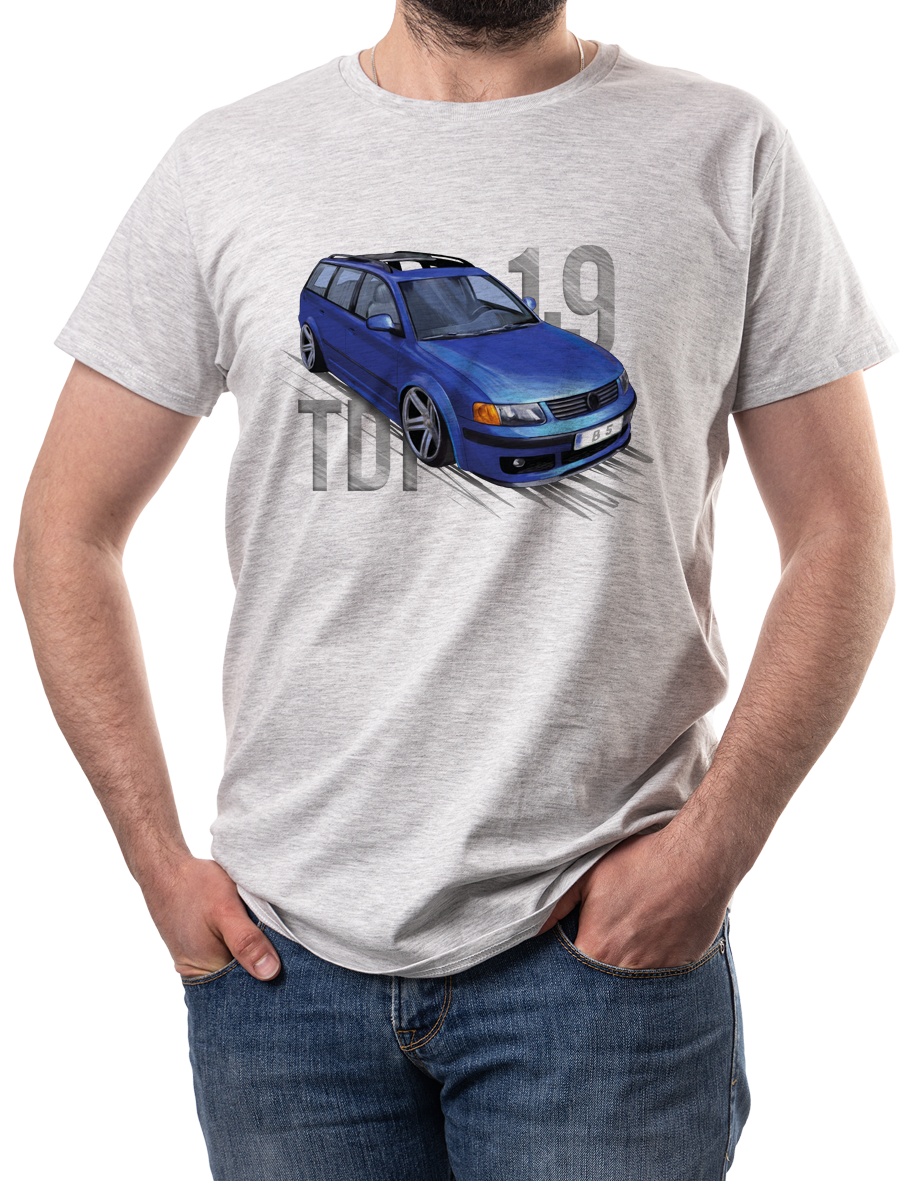 VW Passat B5 — koszulka (Kolor koszulki: jasnoszary melanż; Rozmiar: 12 - 14 lat; Rodzaj nadruku: Volkswagen Passat B5)