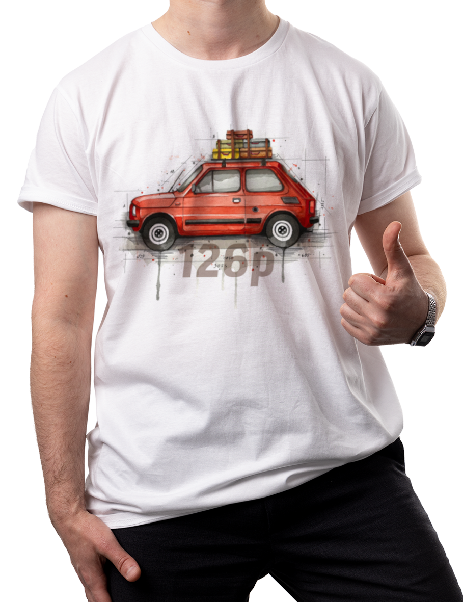 Fiat 126p — koszulka (Kolor koszulki: biały; Rozmiar: 5XL (męska); Rodzaj nadruku: Fiat 126p)