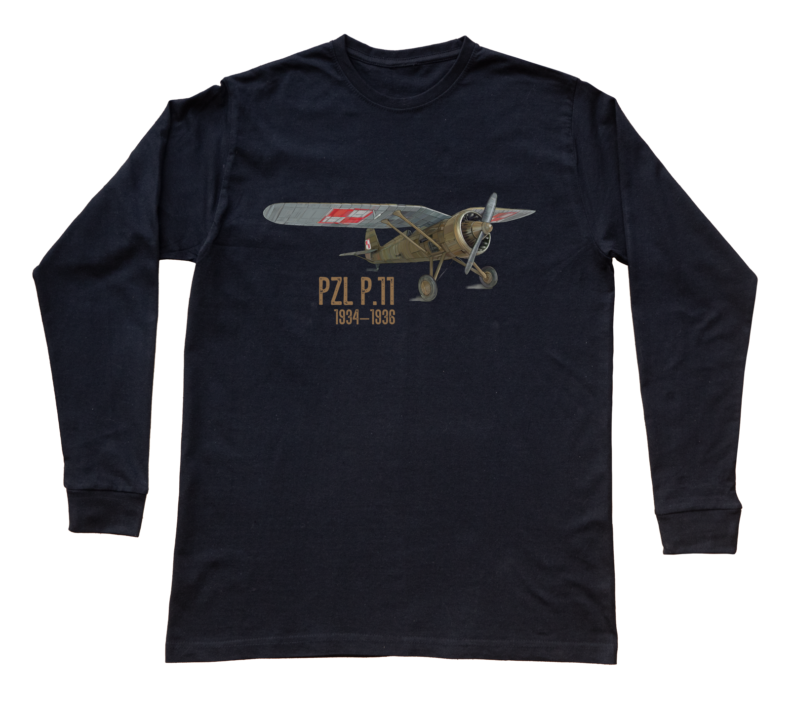 PZL P.11 — bluzka z długim rękawem (Rozmiar: L (dorosła); Kolor koszulki: czarny; Rodzaj nadruku: PZL P.11)