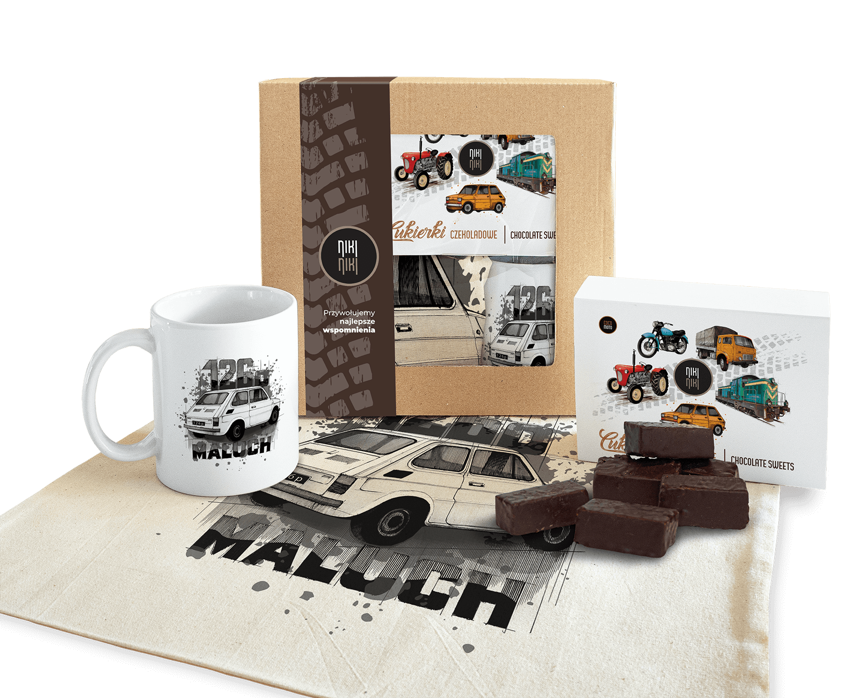 Mały Fiat — paczka (Zawartość paczki: bluza, torba, kubek, słodycze; Rozmiar koszulki / bluzy: 7 - 8 lat; Kolor koszulki / bluzy: szary; Rodzaj nadruk