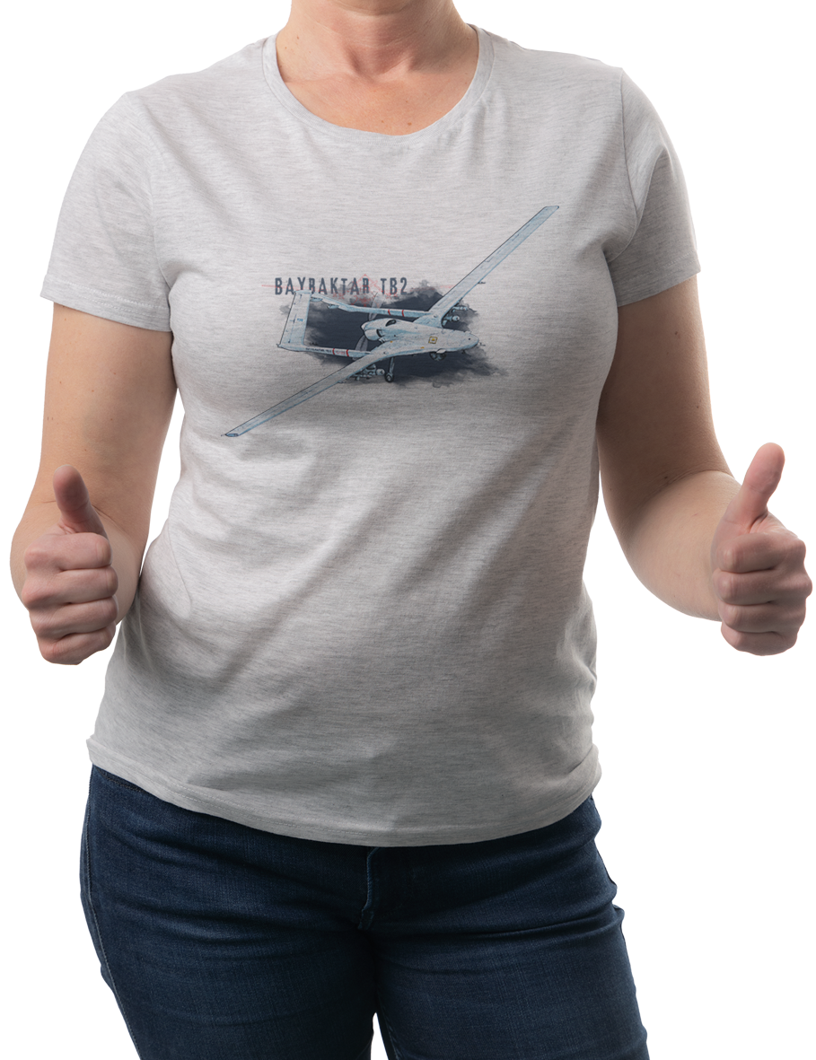 Bayraktar — koszulka (Kolor koszulki: jasnoszary melanż; Rozmiar: XL (damska); Rodzaj nadruku: Bayraktar TB2)