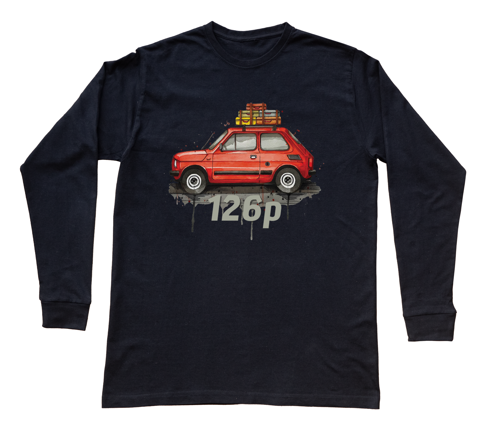 Fiat 126p — bluzka z długim rękawem (Rozmiar: S (dorosła); Kolor koszulki: czarny; Rodzaj nadruku: Fiat 126p)