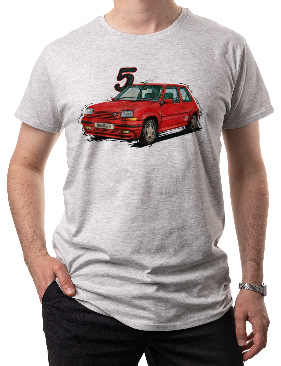 Renault 5 — koszulka (Kolor koszulki: jasnoszary melanż; Rozmiar: 5XL (męska); Rodzaj nadruku: Renault 5)