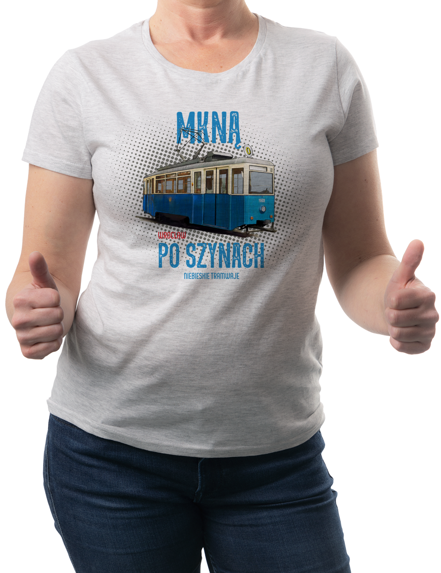Konstal N — koszulka (Kolor koszulki: jasnoszary melanż; Rozmiar: M (damska); Rodzaj nadruku: Konstal N — wrocławski tramwaj)