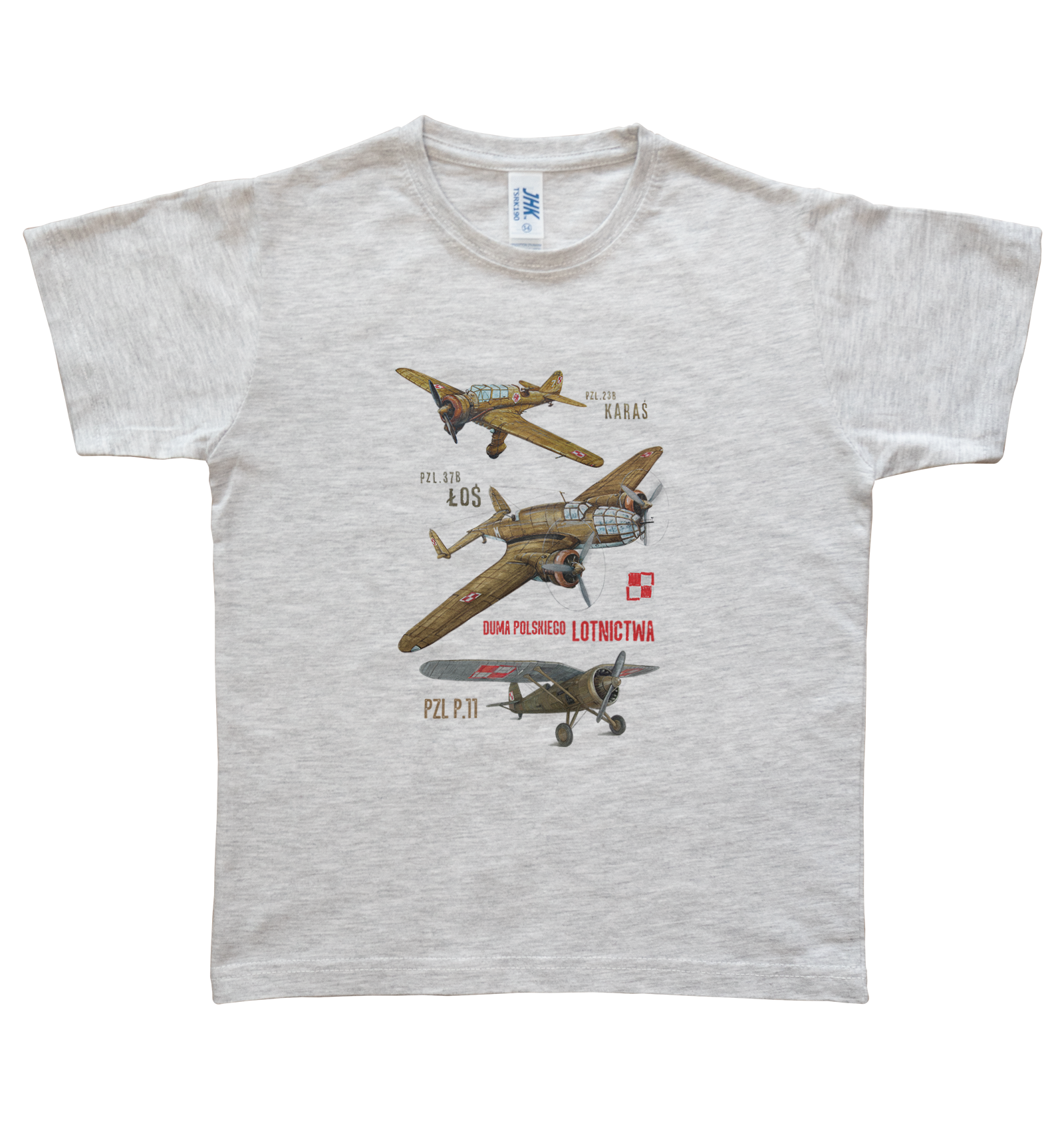 Koszulka dla fana samolotów (Kolor koszulki: jasnoszary melanż; Rozmiar: 7 - 8 lat; Rodzaj nadruku: LOTMIX)