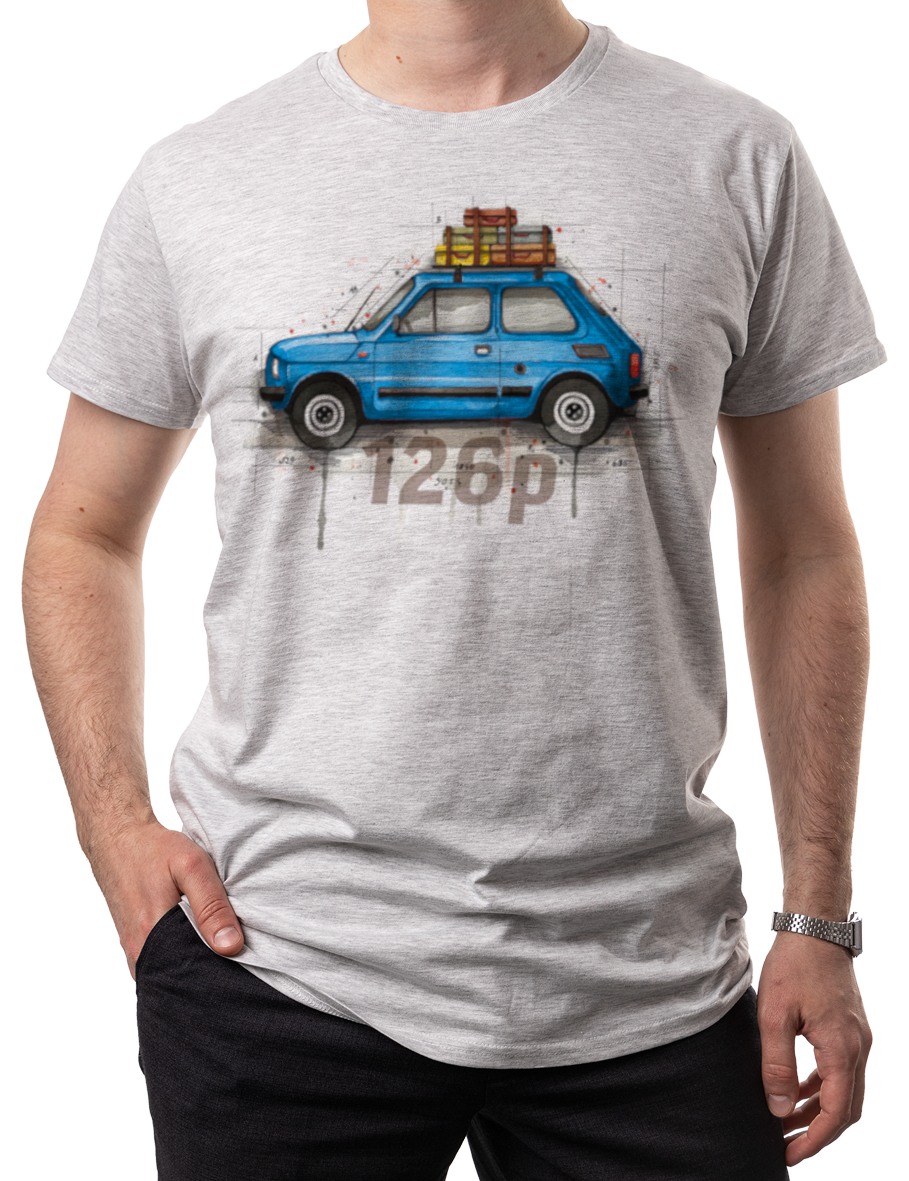 Fiat 126p — koszulka (Kolor koszulki: jasnoszary melanż; Rozmiar: XL (męska); Rodzaj nadruku: Fiat 126p)