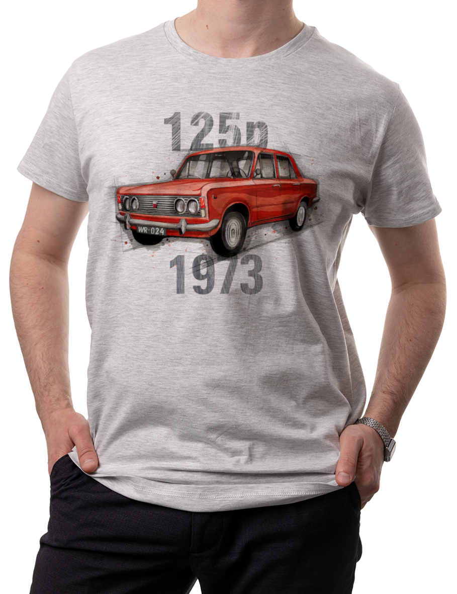 Fiat 125p — koszulka (Kolor koszulki: jasnoszary melanż; Rozmiar: 3XL (męska); Rodzaj nadruku: Fiat 125p)
