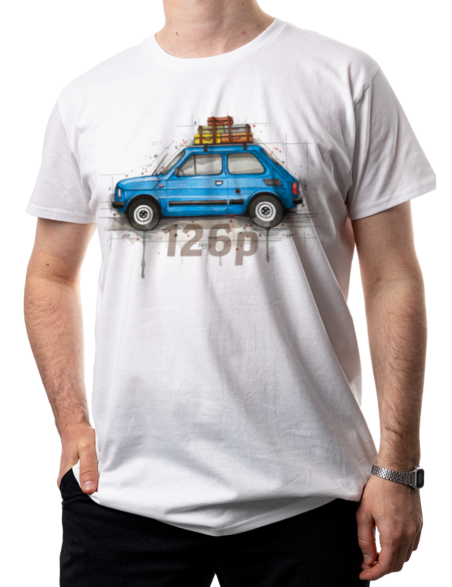 Fiat 126p — koszulka (Kolor koszulki: biały; Rozmiar: L (męska); Rodzaj nadruku: Fiat 126p)